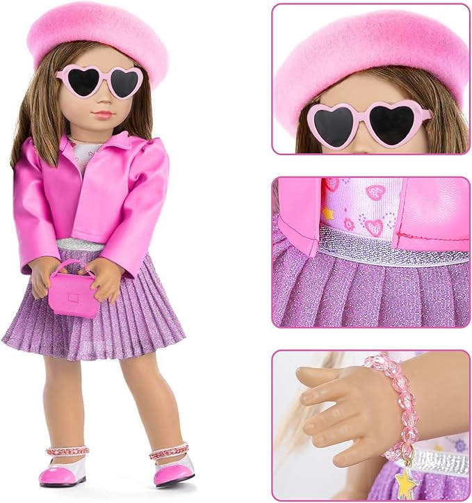 American 18 Inch Doll Makeup Accessories And Clothes,Tote Bag Set For 18" Dolls Include Berets Outfits Sunglasses Phone Eye Shadow Lipstick Blusher Bracelets Eyelash Brush Toy Stuff(No Doll And Shoes)