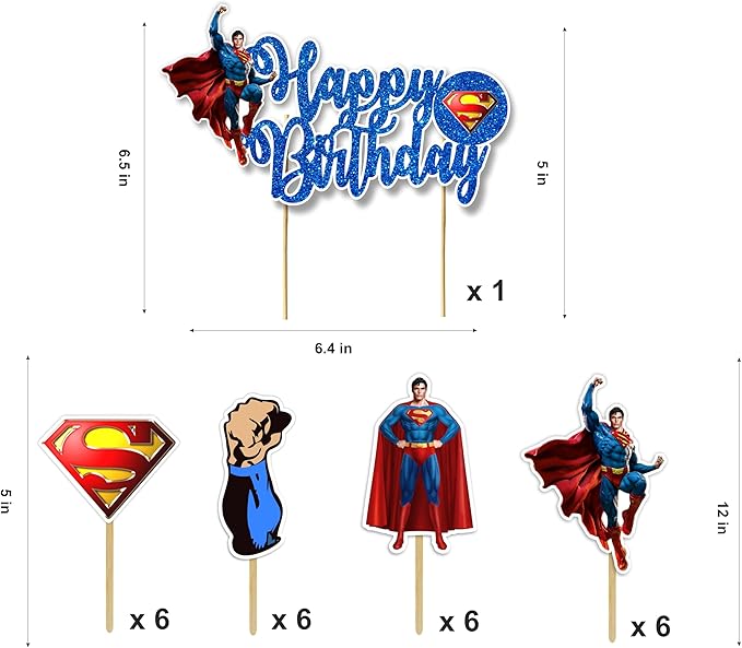"Suprmn Theme Birthday Party Supplies – Superhero Decorations Set – Includes Happy Birthday Banner, Cake Topper, Cupcake Toppers,Garland & Table Décor – Hero Party Decoration Kit"