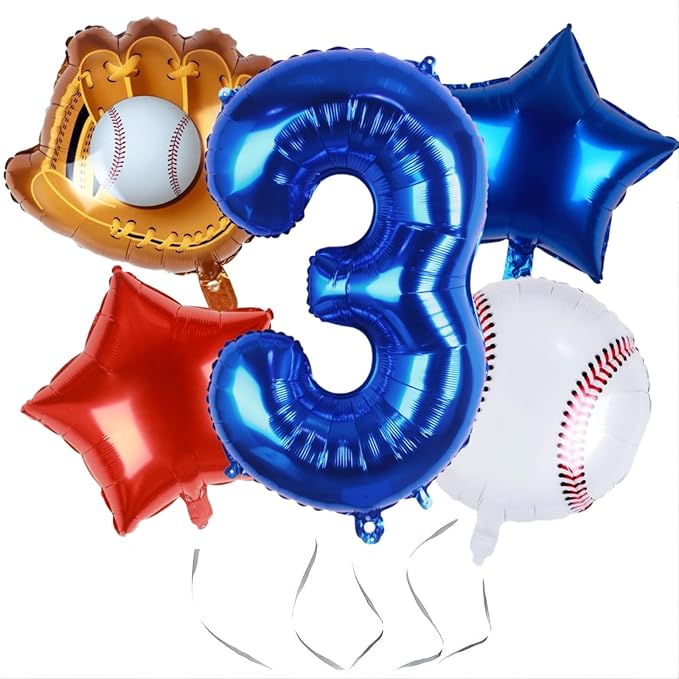 Baseball Balloons 3rd Birthday Decorations for Boys | Baseball Birthday Decoration Sports Theme Party Supplies, 32Inch Foil Mylar Number 3 Balloon Navy Blue Red White Sports Balloon Arch Kits