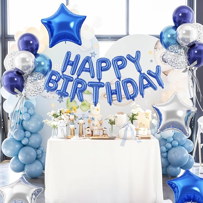 29PC Blue Happy Birthday Balloon Banner, 16 Inch 3D Aluminum Letter Banner Sign, Metallic Silver Pearl Dark Blue Confetti Balloons 18 Inch Star Foil Balloons for Women, Men Party Supply