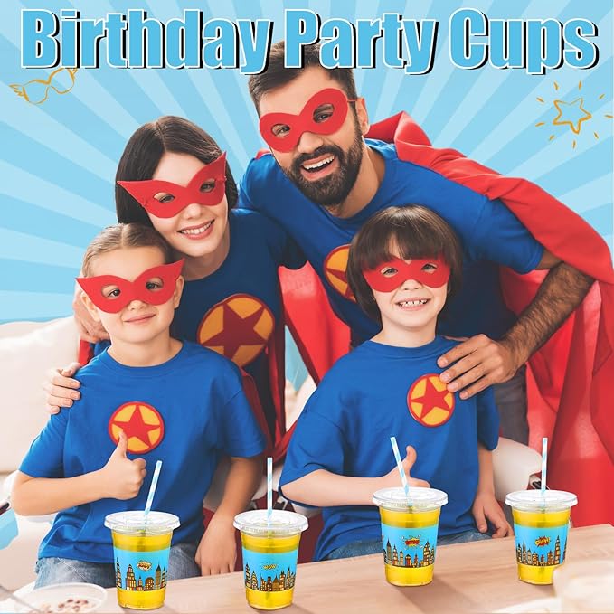 Yungyan 50 Sets Blue Hero Theme Party Plastic Cups with Lids and Straws 16 oz Coffee Juice Drinking Cups for Birthday Baby Shower Party Supplies
