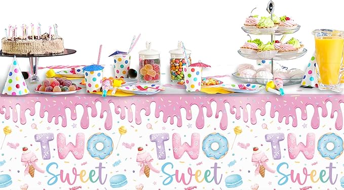 3 Pack Two Sweet Donut Birthday Party Tablecloths Decorations Girls for Children 2nd Birthday Supplies Table Decor 54 x 108 Inch