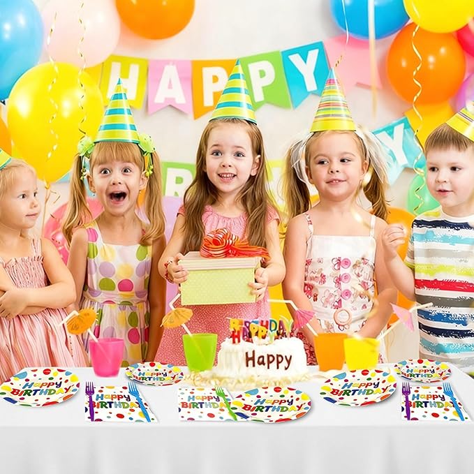 100 Pcs Birthday Colorful Dots Plates Napkins Forks, Disposable Happy Birthday Dots Tableware Set Party Supplies