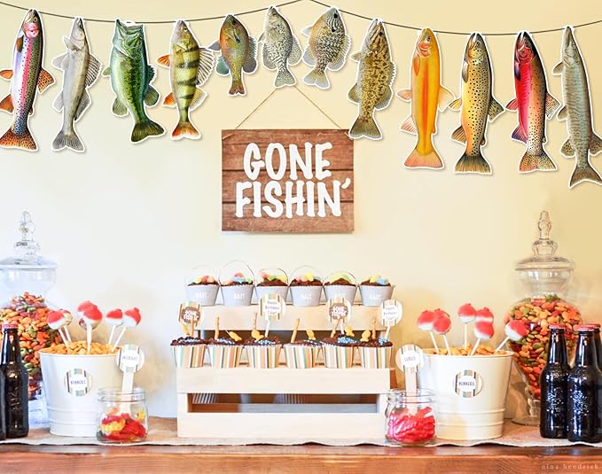 Fishing Birthday Decorations, Gone Fishing Party Supplies Sunfish Trout Bass Fishing Banner for Adults and Kids