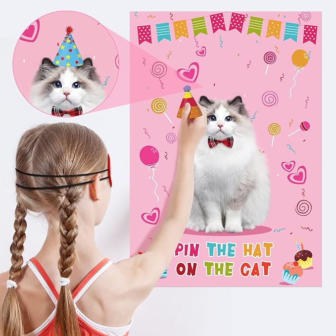 Hooqict Pin The Hat On The Cat Party Game Cat Birthday Party Games for Kids, Cat Birthday Party Supplies Decorations for Girls Boys, Large Pin The Tail Poster with 54 Hat Stickers