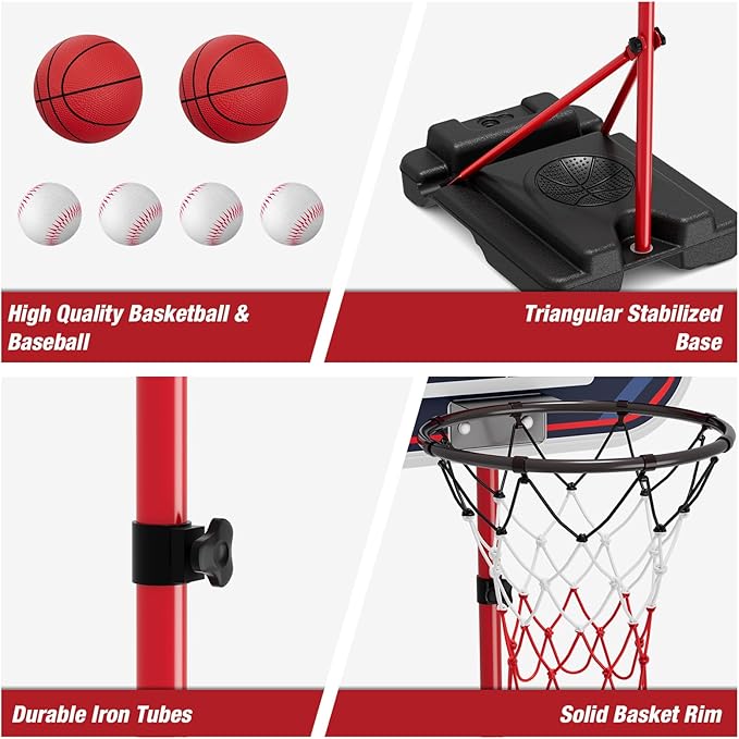 4 in 1 Kids Basketball Hoop and Tball Set for Toddlers 3-5, Adjustable Hanging Tee Ball Stand with Automatic Baseball Pitching Machine, Indoor Outdoor Sport Toys Birthday for Boys
