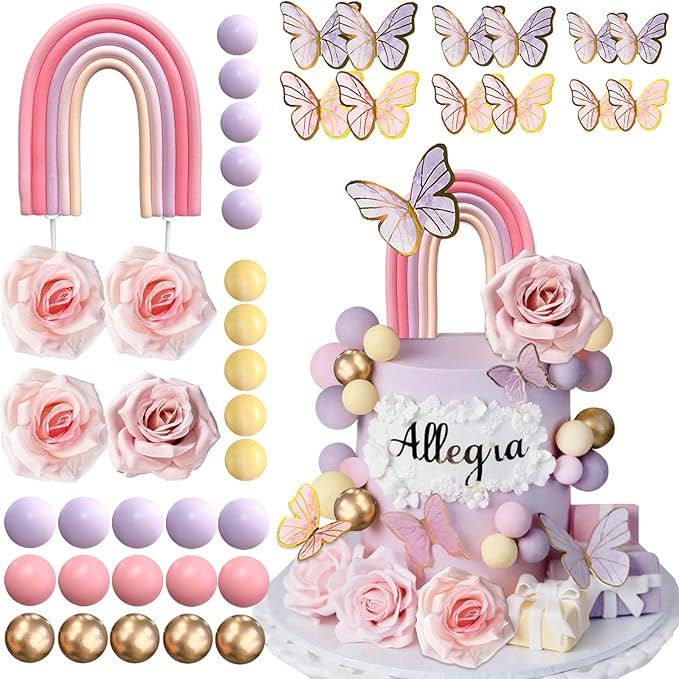 52Pcs Rainbow Cake Topper Butterflies Cake Decorations with Colorful Balls Flower Cake Toppers for Women Girls Kids Birthday Baby Shower Wedding Rainbow Flower Butterfly Themed Party Supplies