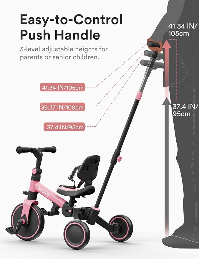 besrey 4 in 1 Toddler Bike, Toddler Tricycle for 1-3 Year Old, Trike with Push Handle, Backrest and Safety Belt, Birthday Gifts and Toys for Boys and Girls, Balance Bike