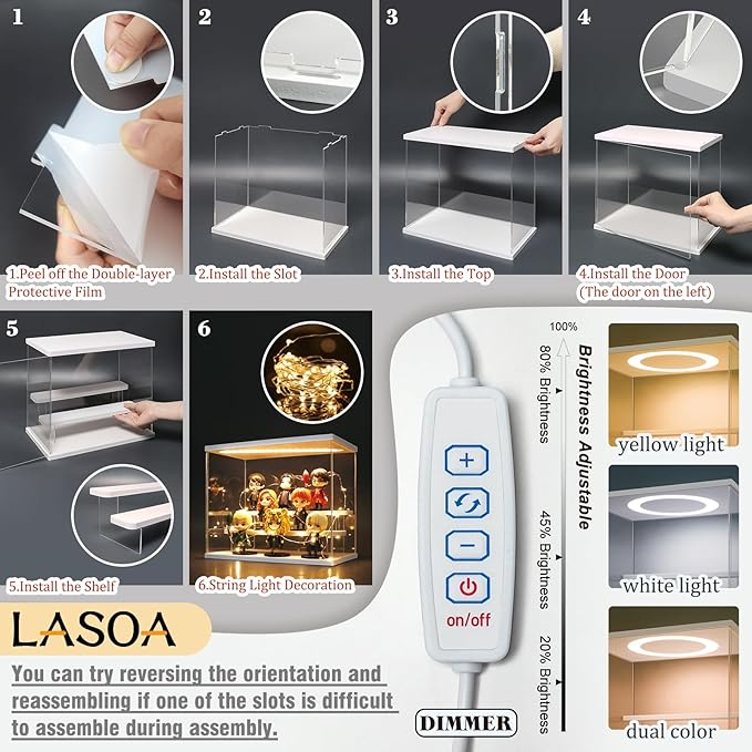 LASOA Acrylic Display Case with Adjustable LED Lights, 4 Tier Clear Display Box for Action Figures and Collectibles, Self-Assembly Showcase with White Base for Miniatures, 11.8x8.9x11inch