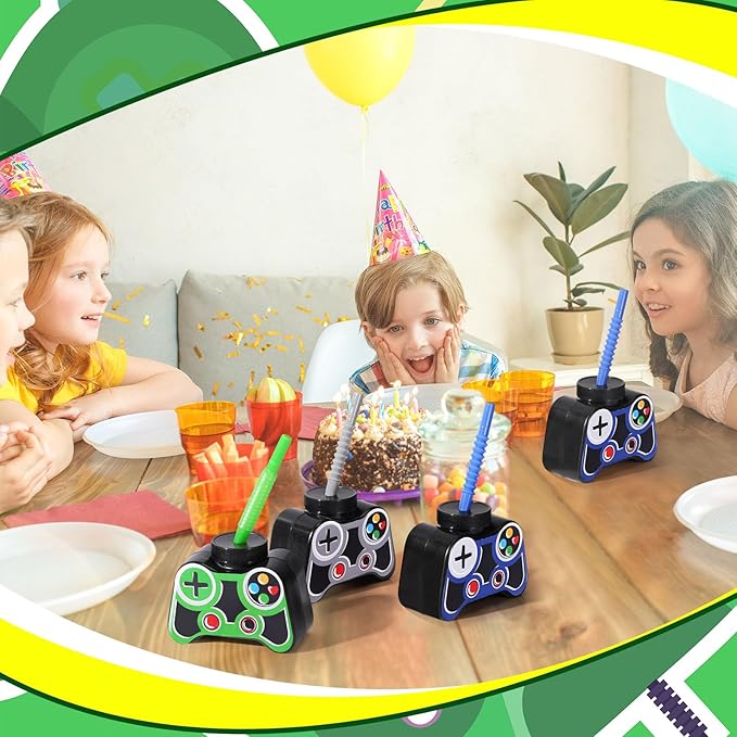 Mifoci 24 Pcs Plastic Video Game Party Cups with Straw and Lid 10oz Gamer Birthday Themed Drink Cups 7th Video Game Party Favors for Kids Toddlers Gamer Birthday Supplies (Green)