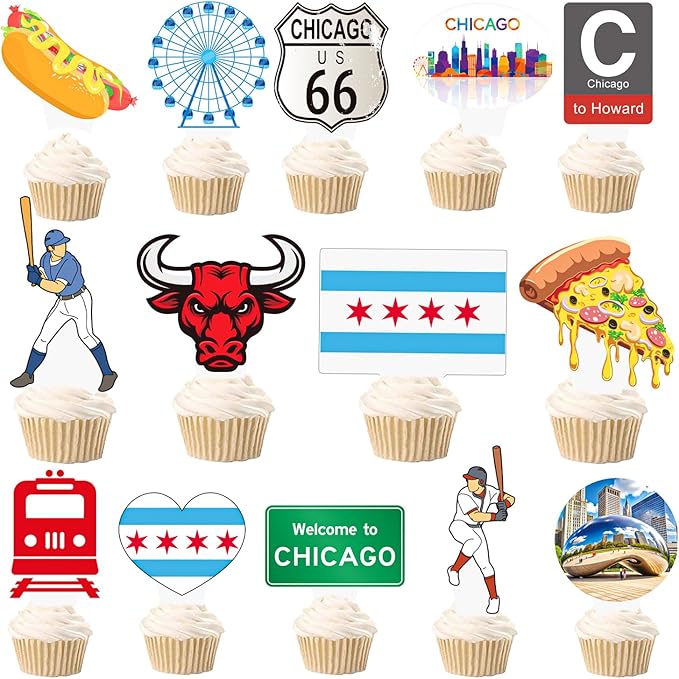 Chicago Cupcake Toppers US Chicago City Party Decorations 48PCS Chicago Theme Party Cupcake Picks Chicago Illinois Cake Decorations for Michigan Welcome to Chicago Party Supplies