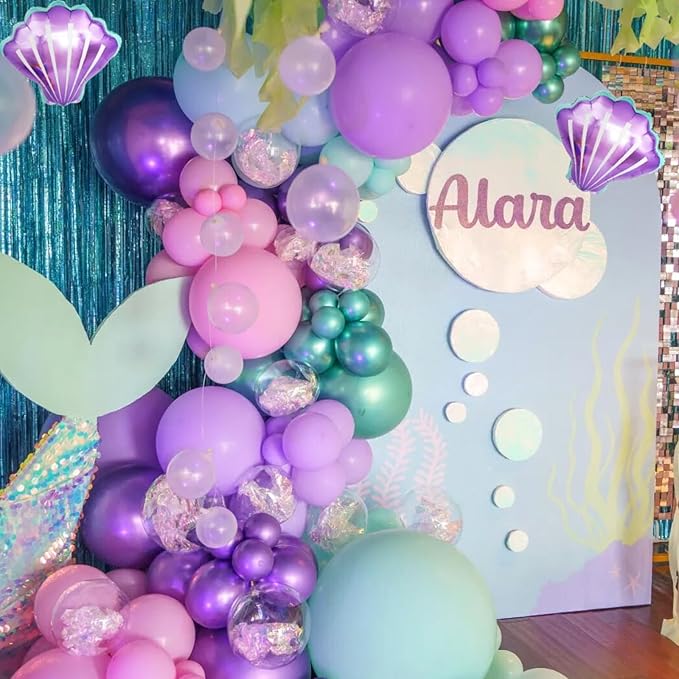 Mermaid Birthday Decoration for Girls,Metallic Purple Pink Green Blue Latex Balloons Seashell Foil Balloons Banner Cake Topper Mermaid Sea Decorations