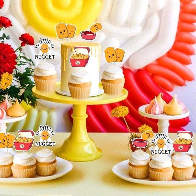 Cheereveal 24Pcs Chicken Nugget Cake Decorations, Little Nugget Cupcake Toppers, Fast Food Fried Chick Theme Birthday Baby Shower Cake Picks Party Supplies