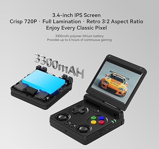 Anbernic RG34XXSP Retro Gaming Console – Flip Design, 3.4'' IPS Screen 720×480, 64G TF Card with 5000+ Games, Portable Handheld, 3300mAh Battery, WiFi HDMI Bluetooth (Black 64G)