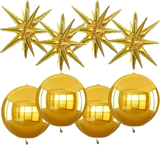TONIFUL 8 Pcs 22Inch Gold Large 4D Giant Round and Star Balloons Explosion Star Mylar Balloons Set for Backdrop Christmas New Year Birthday Wedding Bridal Shower Anniversary Photo Booth Supplies