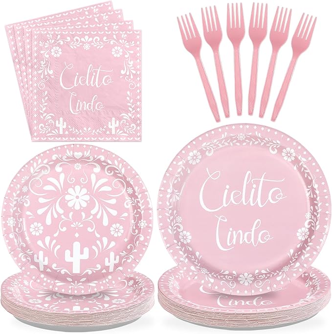 96Pcs Pink Cielito Lindo Party Decorations Mexican Fiesta Baby Shower Plates and Napkins Set Mexico Talavera Decorations for Girls Cinco De Mayo Baby Shower Birthday Party Supplies Serves 24