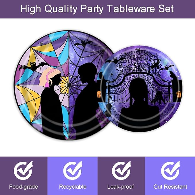 96 Pcs Wednesday Plates and Napkins Party Supplies Gothic Wednesday Party Supplies Including Wednesday Party Plates and Napkins Forks, Wednesday Birthday Decorations for Girls