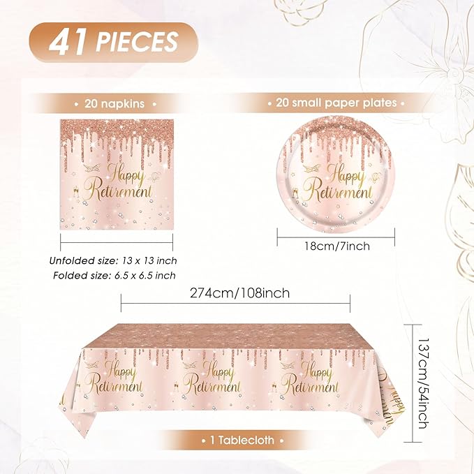 41Pcs Rose Gold Retirement Party Decorations Happy Retired Party Supplies Disposable Tableware Set Include Retirement Plates Napkins Tablecloth, for Woman Say Goodbye Party ,Serves 20