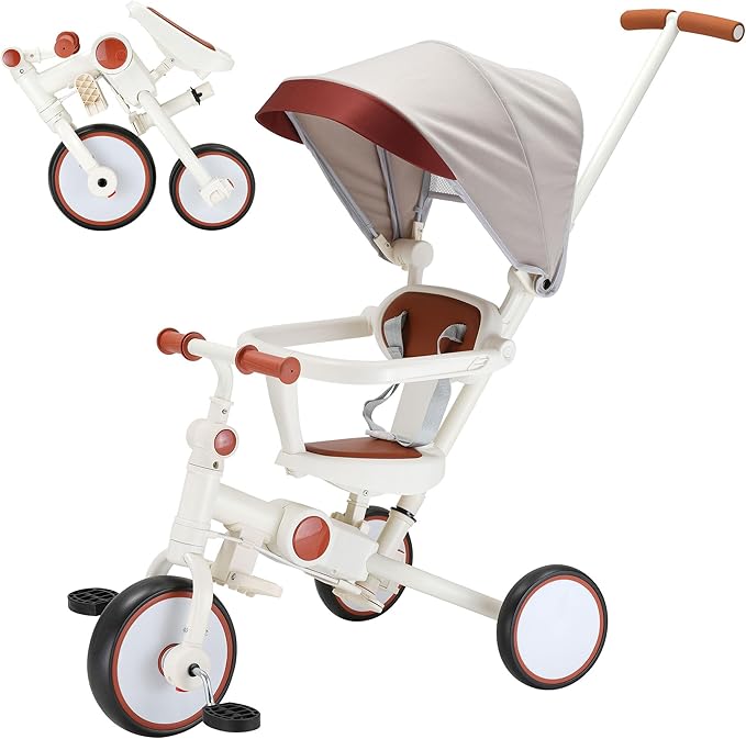 7-in-1 Foldable Baby Tricycle with Removable Canopy – Adjustable Parent Handle, Safety Harness & Wheel Brakes for Toddlers 1-5 Years Old, Balance Bike & Push Trike Gift for Boys & Girls, White