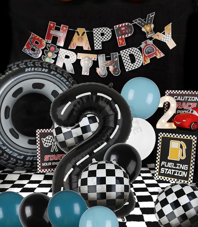 Race Car Balloon Bundle Blue Black 40 Inch Racetrack Number Balloon 2 Black and White Race Car Latex Balloon Boys Two Fast Race Car 2nd Birthday Race Car Theme Party Decor Supplies 21 Pcs Kit