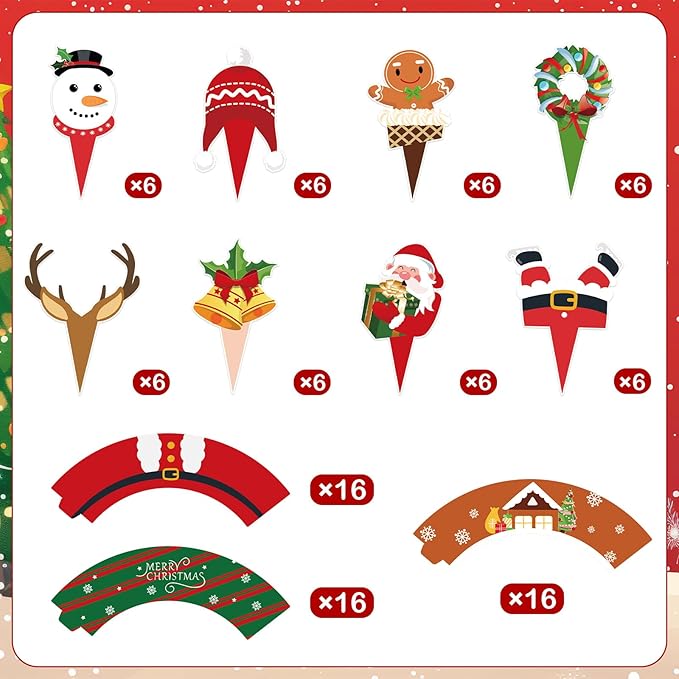48 Pack Christmas Cupcake Toppers and Wrappers, Snowman Santa Claus Reindeer Cake Decoration for Christmas Theme Party Birthday Party Supplies