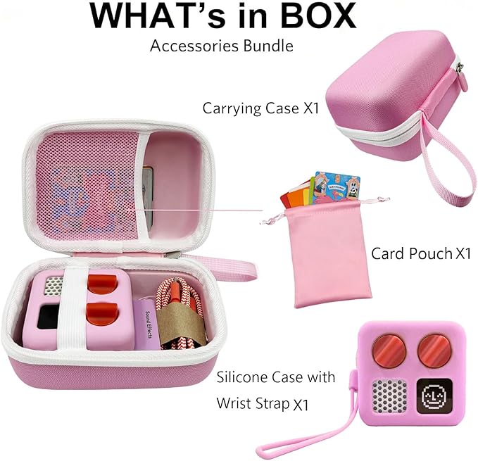 Hard Carrying Case and Silicone Cover for Yoto Mini, Protective Travel Carrier for Kids and Adventure Jacket with Card Pouch 3 in 1 Accessories Set for Yoto Mini Player, Pink