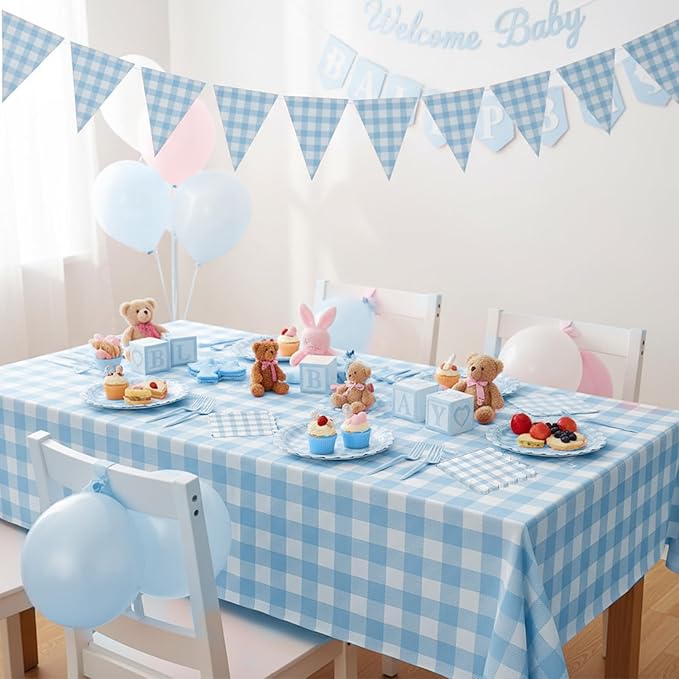 102 PCS Light Blue Gingham Party Supplies - Scalloped Plates, Napkins, Cups, Forks, Banner, Tablecloth for Baby Shower, Wedding, Birthday, Serves 25