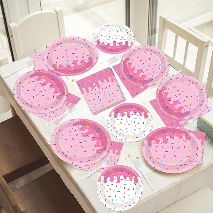 96Pcs Pink Donut Confetti Party Plates and Napkins Themed Decorations Spring Pink Donut Dessert Plates Donuts Tableware Set for 24 Guests Grow Up Themed Baby Shower Party Favors Supplies
