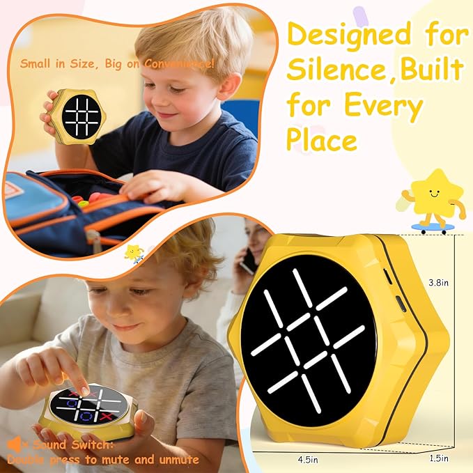 Electronic Tic Tac Toe Game, 5-in-1 Electric Tic Tac Toe with Mute & Rechargeable - Handheld Travel Board Game for Kids Ages 4+, Adults, Family - Educational Learning Toy for Boys Girls, Yellow
