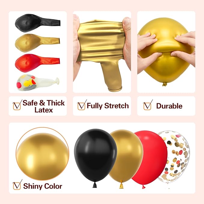 137Pcs Red Black Gold Balloons Garland Arch Kit with Stars - 5 10 12 18 inch Red Black Gold Confetti Latex Balloons for Graduation Hollywood Casino Theme Party Decorations
