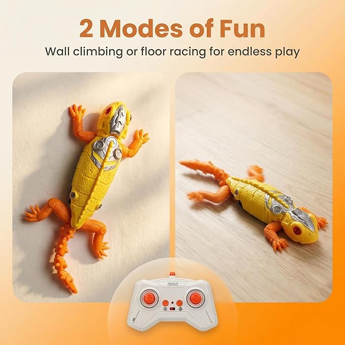 RC Wall Climbing Gecko, 360° Spin Zero Gravity Stunt Robot, Rechargeable Remote Control Lizard with LED Eyes, Dual Mode Floor & Ceiling Racer, Scary Prank Toy Gifts for Boys & Girls Ages 4-12 (Yellow)
