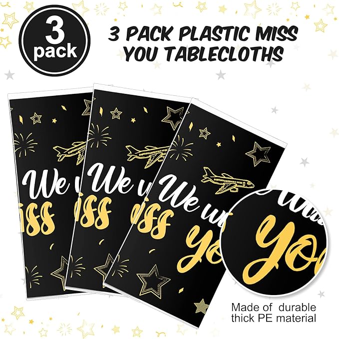 Tatuo 3 Pieces We Will Miss You Tablecloth Going Away Party Decorations Retirement Themed Table Cover Stars Disposable Plastic Table Cloth for Farewell Anniversary Party Supplies (Gold)