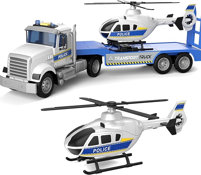 Toddler Boy Toys for 3 4 5 6 Year Old, 22” Semi Truck Toy with Helicopter - Police Toys, Birthday Gifts for Kids Child 3+ Years Old