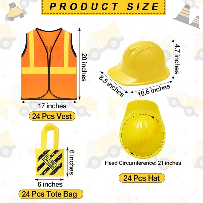 Hillban 72 Pcs Kids Construction Worker Costume, Construction Vests Set for Kids Including 24 Vests 24 Hats and 24 Tote Bags Theme Birthday Party Supplies for Birthday Party Costume Favor