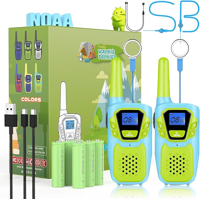 Walkie Talkies for Kids Adults Long Range Rechargeable 2 Pack, USB FRS 2 Way Radio Toys for 3-12+ Year Old Boy Girl Toddler, NOAA Walkie-Talkies for Family Camping Hiking Skiing Cruise