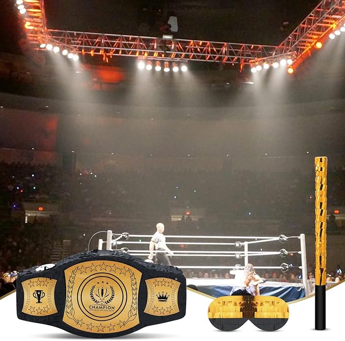 Mepase Wrestling Birthday Party Decorations Wrestling Belt Piñata with Blindfold and Bat World Heavy Weight Boxing Championship Theme Supplies for Sport Fans Themed Party Decorations