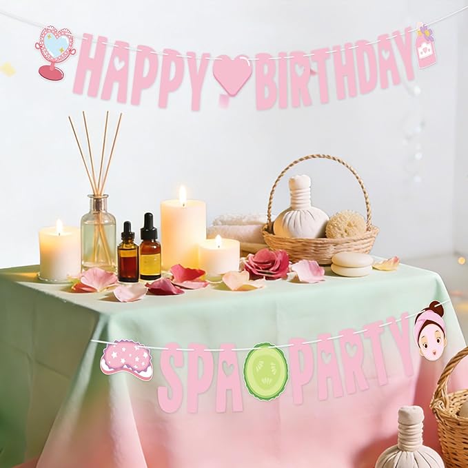 Spa Party Banner Spa Party Decorations Supplies for Girls Pink Happy Birthday Banner Sign Spa Themed Garlands for Princess Sleepovers Slumber Makeup Party Decorations