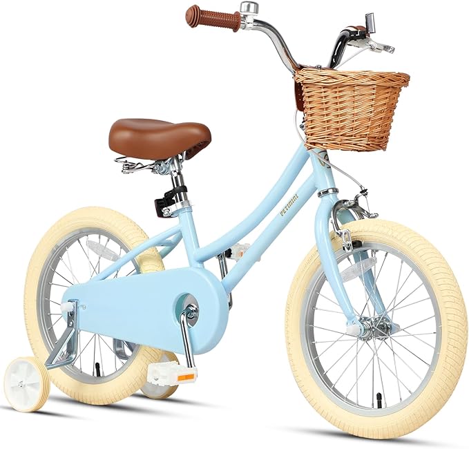 Petimini Vintage Kids Bike for Girls, 12–20 Inch Classic Bicycle with Wicker Basket & Bell, High Tensile Steel Frame, Training Wheels (12–18”), 85% Pre-Assembled, Retro Bike for Outdoor Riding