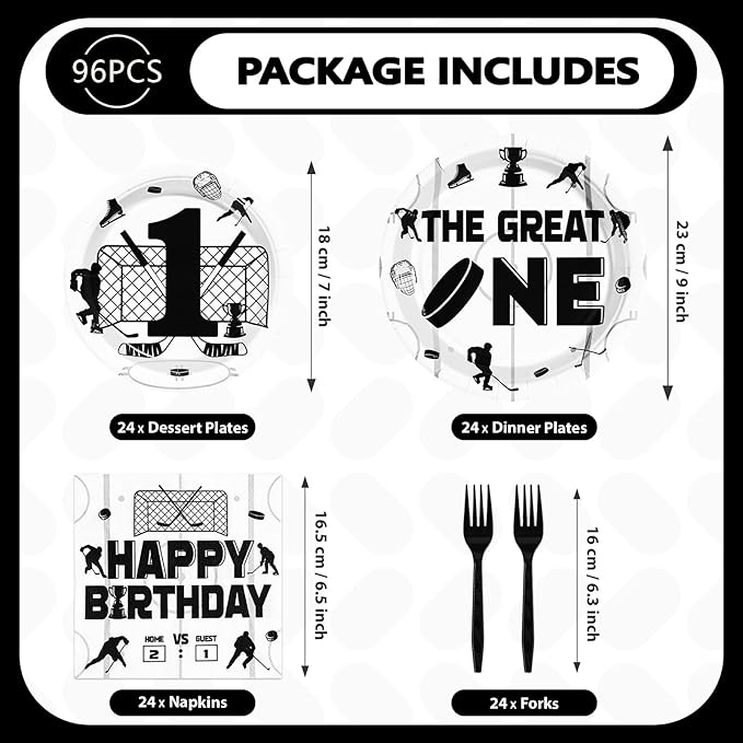 96 Pcs Ice Hockey 1st Birthday Party Supplies The Great Hockey Party Plates and Napkins Disposable Sports Games Themed Tableware Set for Kids Boys One Year Old Birthday Decorations Serves 24