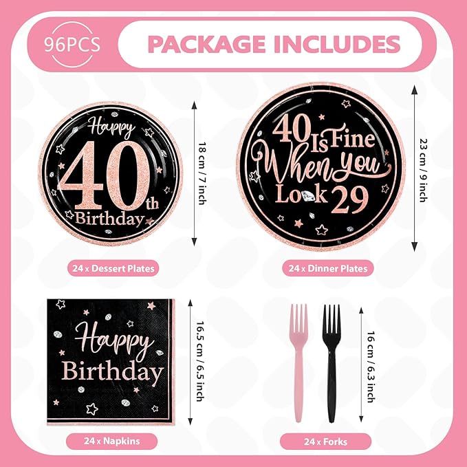 96Pcs 40th Black and Pink Birthday Party Supplies 40 Is Fine When You Look 29 Plates and Napkins Black and Pink Theme Tableware Set for Women 40th Birthday Party Decorations Serves 24
