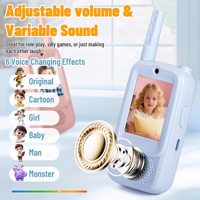 Video Walkie Talkies for Kids, 2 Pack Rechargeable Walkie Talkies with HD Camera, Photo & Voice Changer, Long Range, Indoor & Outdoor Play, Interactive Toys Birthday Gifts for Boys Girls Ages 3-12