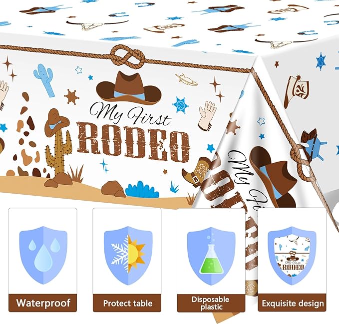 gisgfim 3 Pcs My First Rodeo Birthday Party Supplies Western 1st Rodeo Party Tablecloths Blue Cowboy Table Cover Decorations for Boy Baby Shower