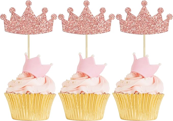 Ephlyn 24Pcs Crown Cupcake Toppers Glitter Queen Crown Cupcake Picks for Queen Princess Theme Baby Shower Girls Wedding Birthday Party Cake Decorations Supplies Rose Gold