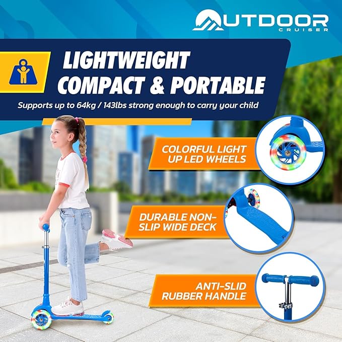 Outdoor Cruiser 3-Wheel Kids Scooter – with Lean-to-Steer Technology, Wide Deck, Led Lighted Wheel, 4-Level Adjustable Height T-bar Handle, Support Kids Up to 150 Lbs, for Boys & Girls Ages 3-8, Blue