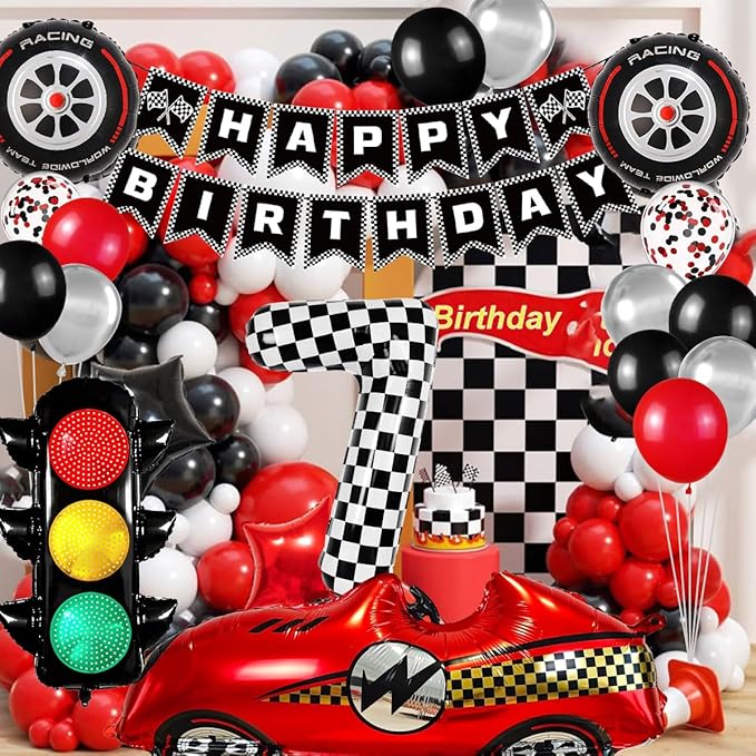Race Car Birthday Party Decorations, with 40 Inch Number 7 Balloon, Happy Birthday Banner, Traffic Light and Foil Tire Balloon for 7th Car Themed Birthday Party Supplies