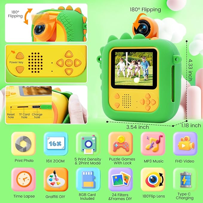 Kids Camera Instant Print for Girls Boys,1080P HD Flip Lens Selfie Digital Camera with Print Paper for 3-12 Year Old Toddler,Ideas Birthday Toys for Children, M2