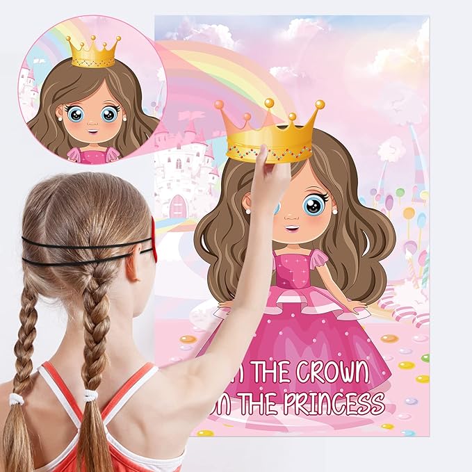 Hxezoc Pin The Crown on The Princess Party Games with 24 Pcs Crowns, Large Princess Party Games Poster for Girls Kids Birthday Party Carnival Supplies
