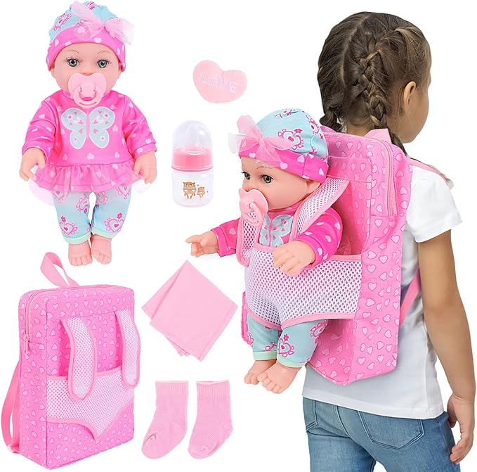 DONTNO 12 Inch Baby Doll with Clothes and Backpack Carrier,Reborn Baby Doll with Bottles Nipple