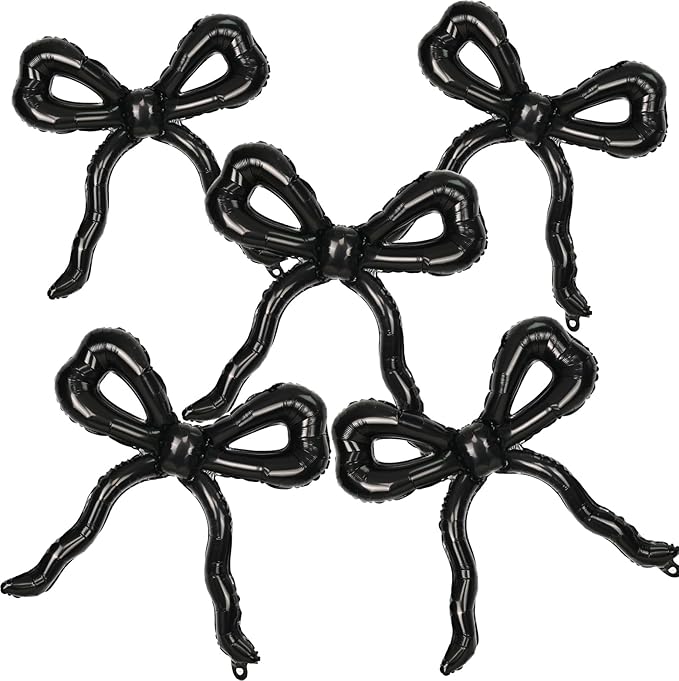 5pcs Black Bow Balloons for Bow Party Decorations, Giant Black Coquette Mylar Foil Balloon for Coquette Birthday Decorations Bridal Baby Shower Wedding Bachelorette RIP to My 20s Decor Supplies