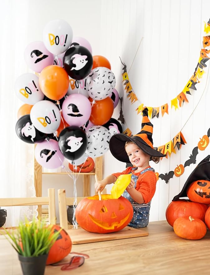 Halloween Balloons,12 Inch Pink,Black,Orange,White Balloons,Hey Boo Balloon with Cute Ghost,Wizard Hat,Bat Design for Halloween Party Decorations,Birthday,Baby Shower-50Pcs